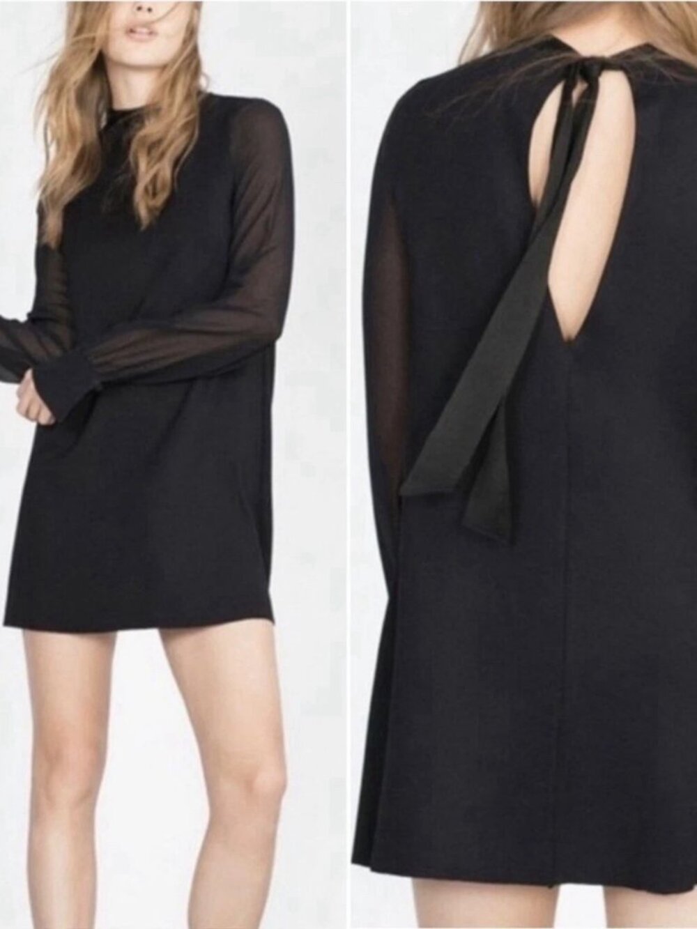 Zara W/B Collection Black Sheer Long Sleeve Mock Neck Tie-Back Shift Dress S